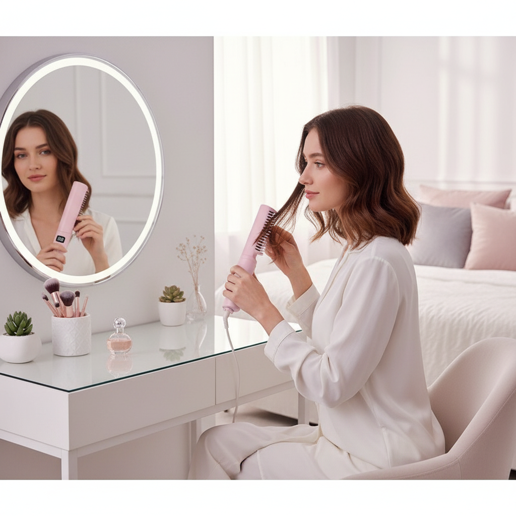 Femme utilisant le lisseur sans fil rechargeable pour un coiffage rapide